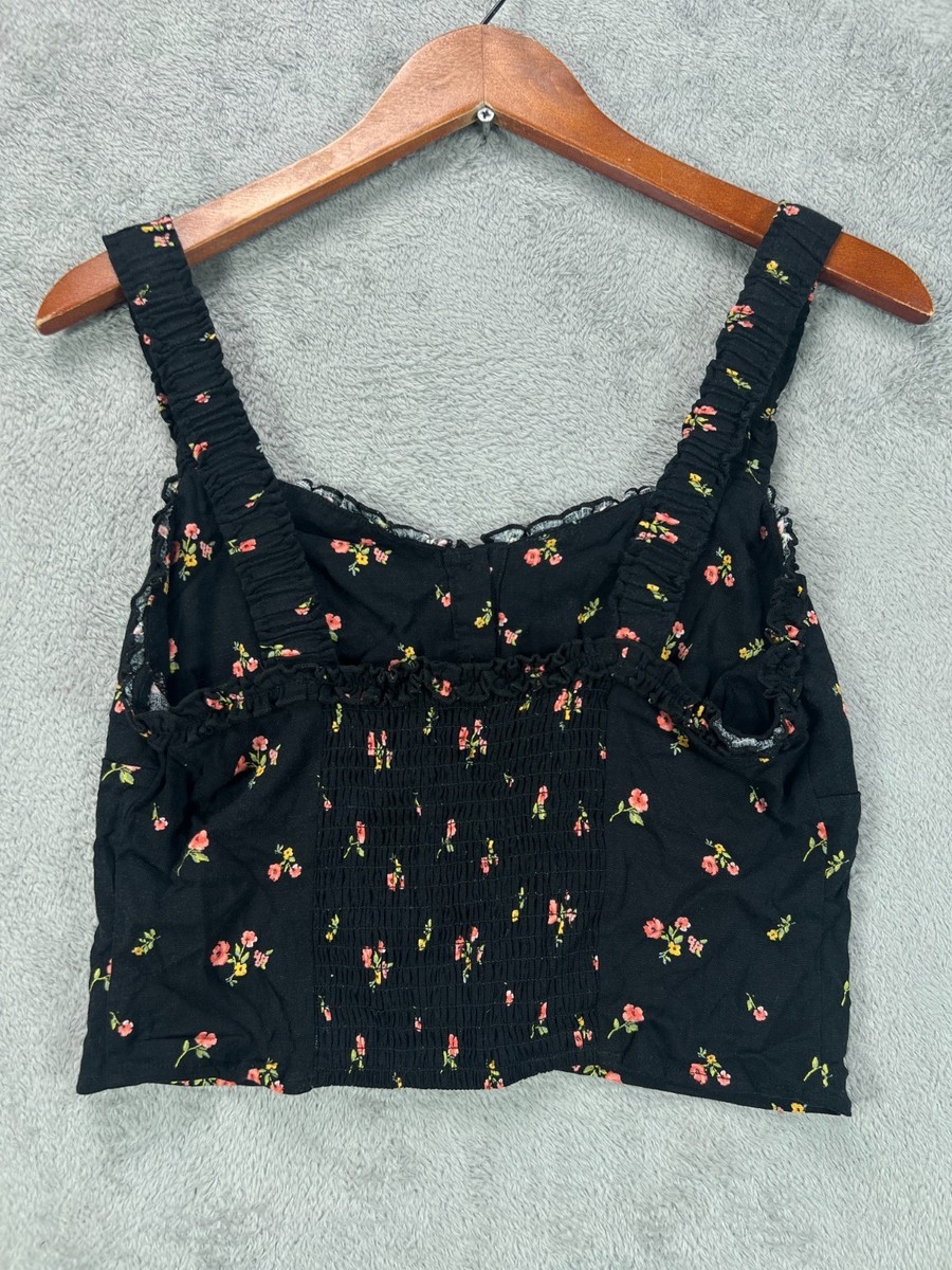 NWT Forever 21 Womens Black Floral Crop Tank Top Size Large Boho