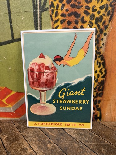 VINTAGE C. 1930 J HUNGERFORD SMITH GIANT STRAWBERRY SUNDAE SIGN ICE CREAM RARE!!