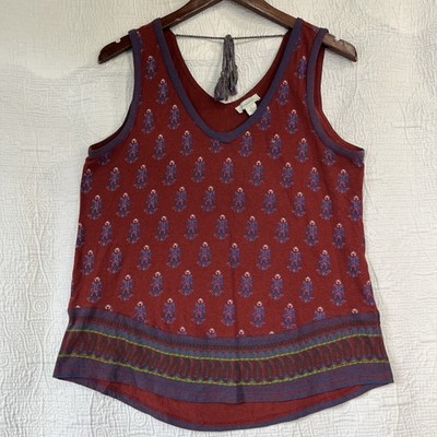 Sundance Women Small Tank Top Hippie Boho Cotton Linen Blend V Neck Tasseled S