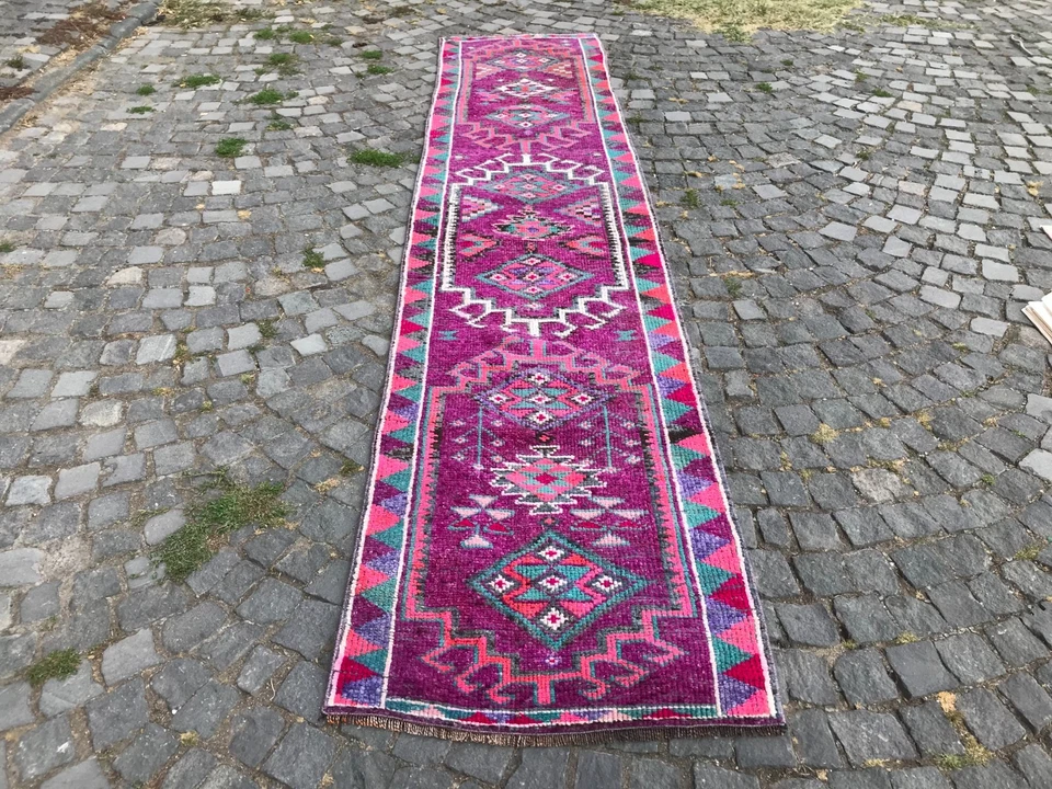 Alfombra turca vintage hecha a mano alfombra de lana alfombra bohemia corredor 2,7 x 12, pies Foto 4 de 4