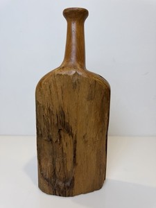 Crate & Barrel Aged Teak Wood Bottle Sculpture Rustic Contemporary Art Decor