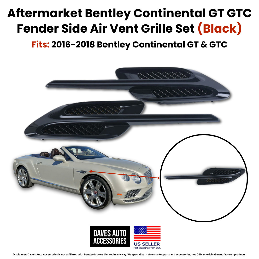 Pair Black Fender Air Vent Grilles Bentley Continental GT GTC 16-18
