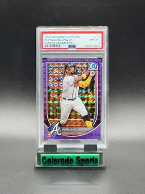 RONALD ACUNA JR. 2025 Bowman Chrome #13 Purple Geometric Refractor 130/250 PSA 8