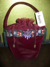 NEW FRANCHI Beaded Velvet Drawsring Evening Bag Burgundy w/ Tassels