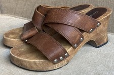 Vintage Candies Wooden Platform Slip-On Sandals Brown Studded Leather Women s 8M