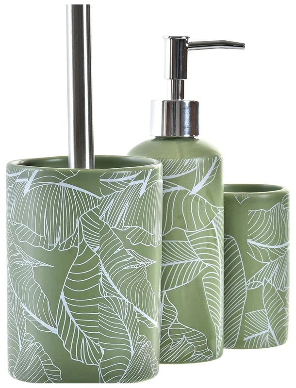 Set Accessori Bagno 3 Pezzi Dolomite Foglie Verdi Dosasapone Bicchiere Scopino, fotografia 3 di 9