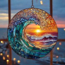 Sunrise Beach Stained Glass Suncatcher, Ocean Window Hanging Decor