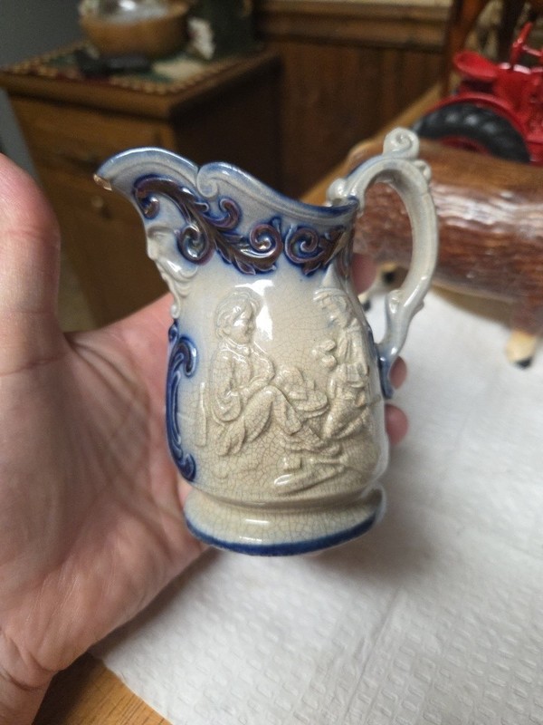  ANTIQUE  STAFFORDSHIRE FLOW BLUE COPPER LUSTER BEARDED PITCHER/ CREAMER  1840S