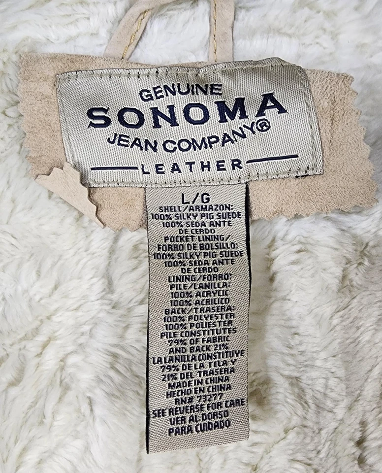 Sonoma Jean Company Leather Jacket Womens Large Tan Pig Suede Hooded Sherpa Zip - Image 3 of 4