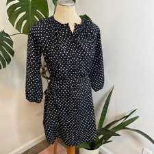 Maeve Anthropologie Navy Polka Dot Smocked Neck Button Front Midi Dress XS