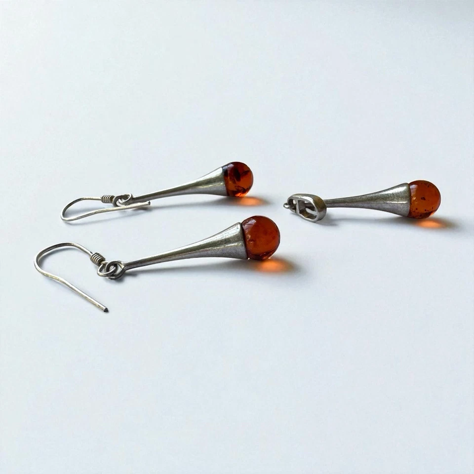 Hermoso juego de pendientes y colgantes de plata de ley 925 con marca y ámbar  Foto 3 de 4