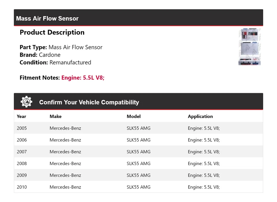For 2005-2010 Mercedes-Benz SLK55 AMG 5.5L V8 Mass Air Flow Sensor Cardone 2006 - Image 2 of 4