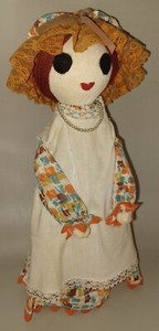 Vtg 30's Handcraft Folk Art Wine Bottle Door Stop 13" Lace Hat Pearl Necklace 