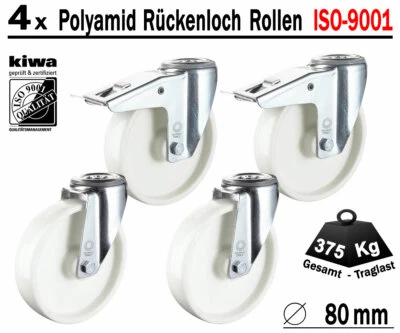 Polyamid Rückenloch Transport Lenk Rollen 4 x Ø 80 mm Br-Le / BS-Rollen Germany
