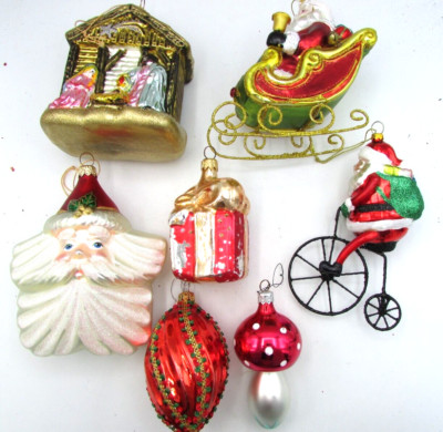 KURT ADLER +OTHERS MODERN BLOWN GLASS CHRISTMAS ORNAMENTS 7 CNT LOT