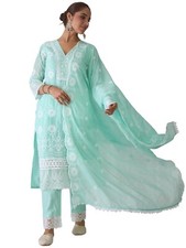 Women's Embroidered Pure Cotton Kurta Pant With Dupatta Set