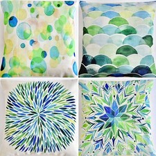 4 Beautiful bright printed sofa Cushion covers in blue/green. 16x16 in. New!