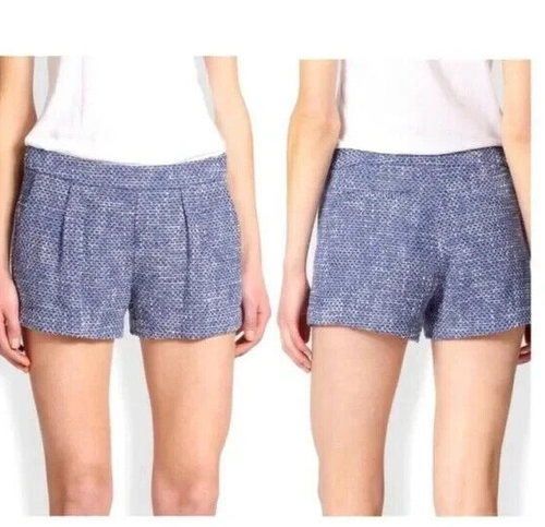 Joie Leander Blue Pleated Tweed Shorts Size 12 Short Woven Pockets Womens