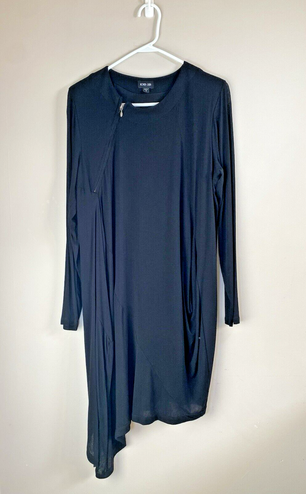 Ronen Chen Dress Womens Size 5 Black Jersey Knit Draped Asymmetrical Lined Shift
