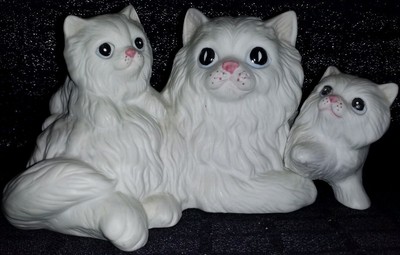 Vintage Homco 1412 White Longhair Cat Kittens Figurine Porcelain