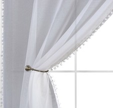 EHP 2 Piece Linen Look Pom Pom Tasseled Sheer Curtains, Rod Pocket Panel Pair