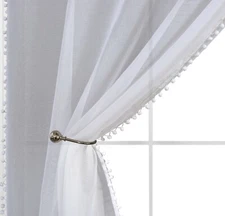 EHP 2 Piece Linen Look Pom Pom Tasseled Sheer Curtains, Rod Pocket Panel Pair