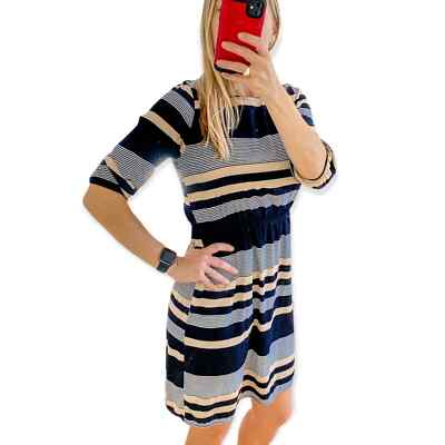 Needle & Thread Navy Gold Striped Fit and Flare Above Knee Dress Size Small  | eBay
