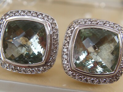 $1950 DAVID YURMAN,STERLING ALBION SAGE PRASIOLITE DIAMOND EARRINGS