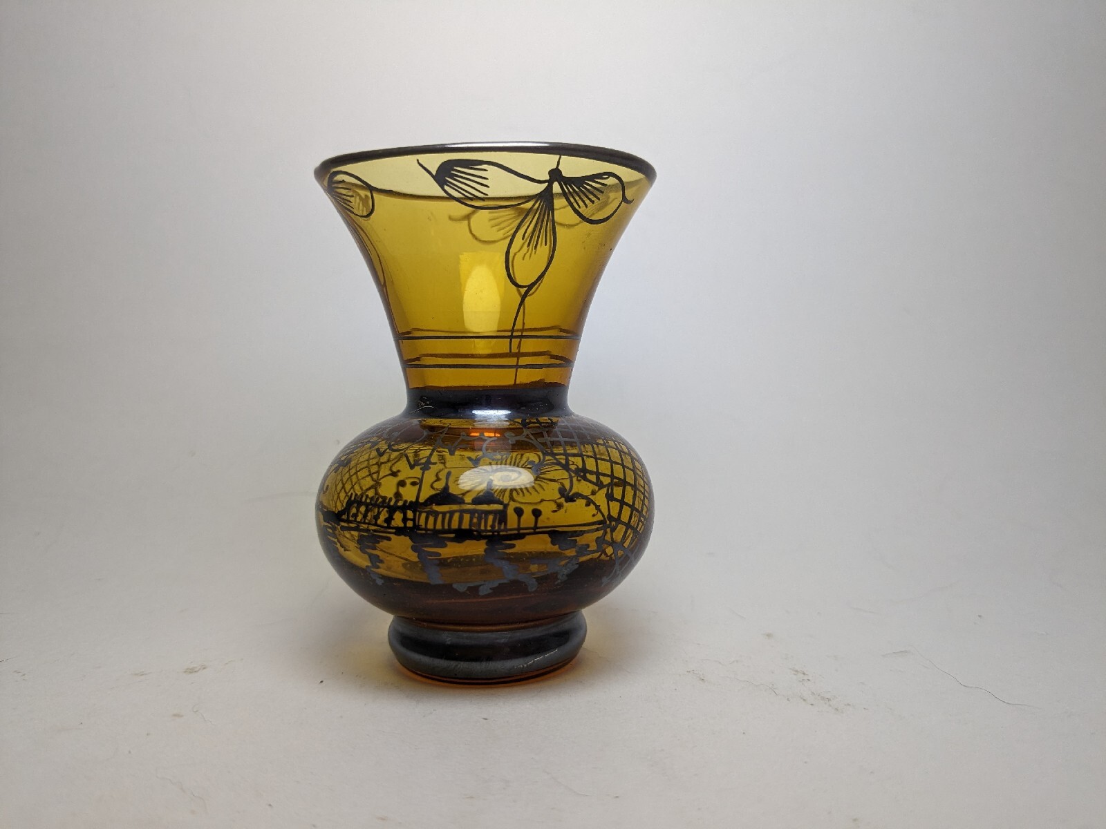 Mini Amber With Silver Painted Details Art Glass Vase eBay
