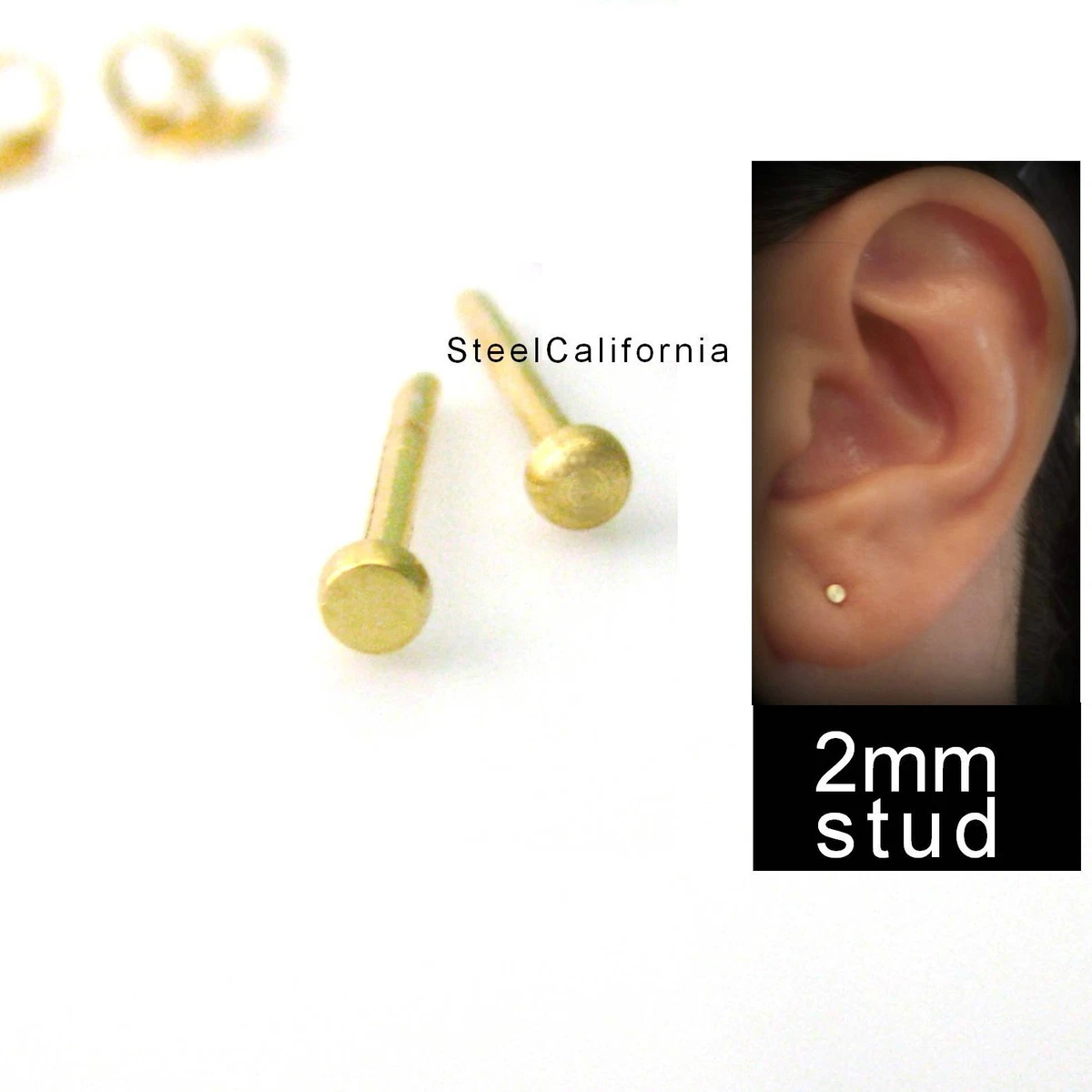 Mens gold stud earrings, brushed 24K gold plated over 925 silver