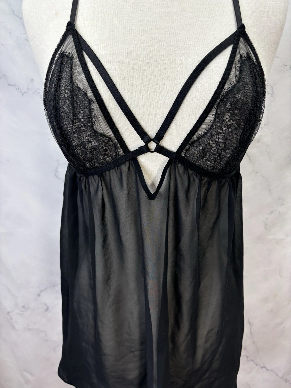 UNDERCOVER Victorias Secret Babydoll abito trasparente L camicia da notte gotica rete spalline pizzo nero