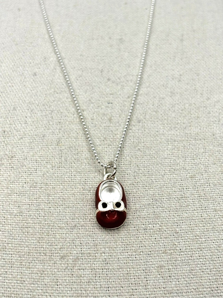 Red Rhinestone Enameled Baby Shoe Charm Pendant Silver Tone Necklace 17 Inch