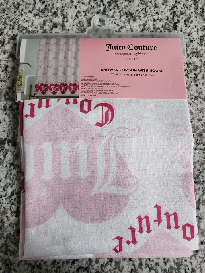 NUEVO CON ETIQUETAS JUICY COUTURE CORTINA DE DUCHA CON GANCHOS 70 X 72 LOGO CORAZONES BLANCO ROSA NUEVO Foto 4 de 4