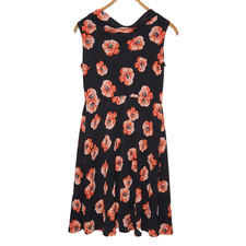 Talbots Petites Sleeveless Floral Fit Flare Dress Black Red Poppy Print Size 6P