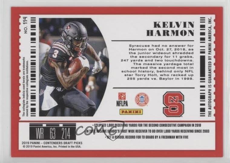 2019 Contenders Draft Picks Playoff Ticket 8/18 Kelvin Harmon Rookie Auto RC fv8