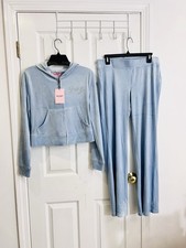 Juicy Couture Size S Velour Tracksuit Hoodie  Pants Frosted Blue Front Logo Y2K