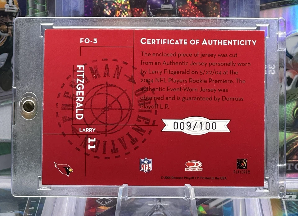 Parche de camiseta Donruss Rookie RC 2004 usado por el jugador/100 Larry Fitzgerald Cardinals Foto 2 de 2