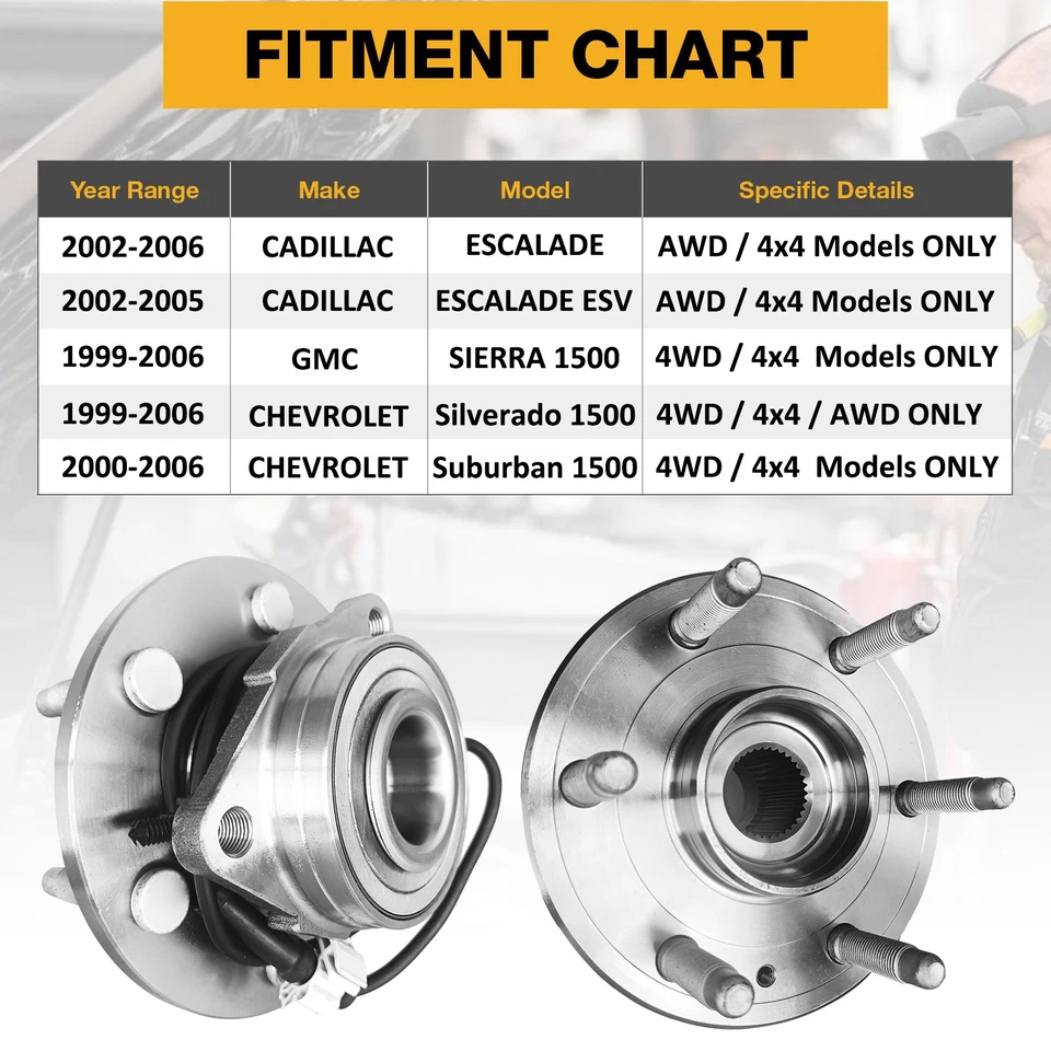 4WD Front Wheel Bearings Hub 6Lug for Chevy Silverado 1500 GMC YUKON XL 1500 Foto 4 de 4