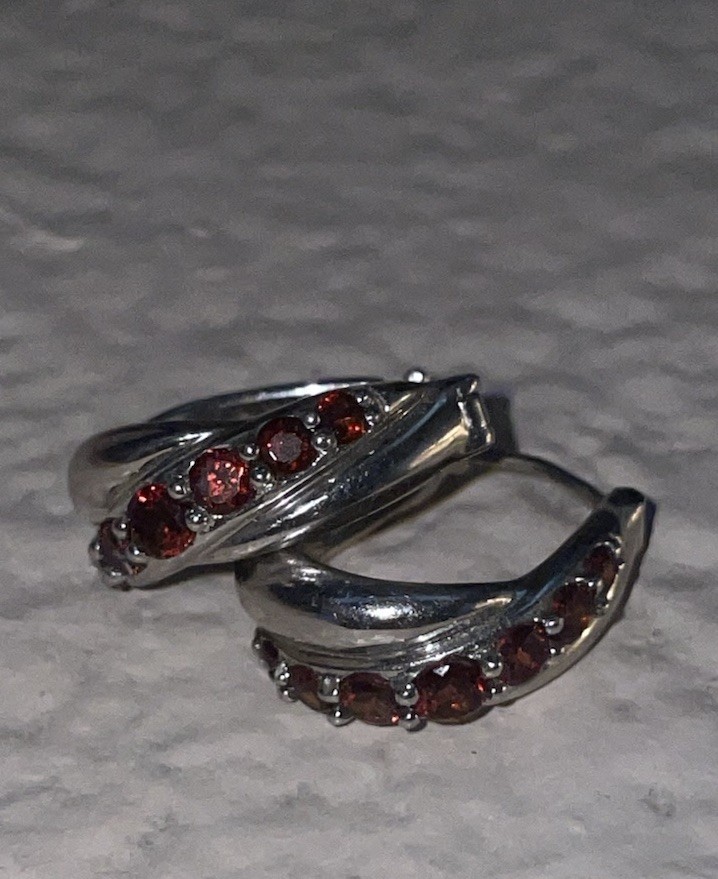 Silver Ruby Huggie Earrings Round Red Gemstone Pr… - image 1