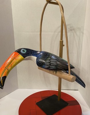 Large Hand-Carved & Hand-Painted Wooden Hanging Toucan Bird Tiki 14  Sculpture