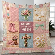 Walking By Faith Quilt Blanket - Christian Religious Cross Floral Bedding Decor