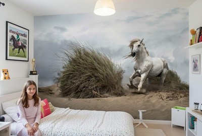 Tier Fototapete 102 x 151 Zoll HxB Weiß Pferd Mädchen Schlafzimmer Wandbild