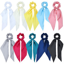 10 Pack Colorful Solid Satin Long Hair Ribbons Knotted Hair Bows Long Tails Scru