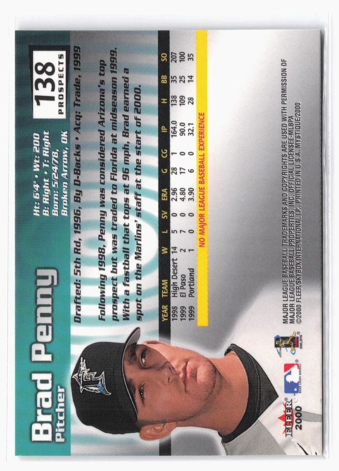 2000 Fleer Mystique #138 Brad Penny #/2000 Florida Marlins SP - Image 2 of 2