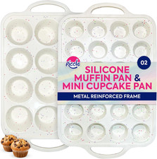 2 Pack Silicone Muffin Pans for Baking with Metal Reinforced Frame - Regular 12