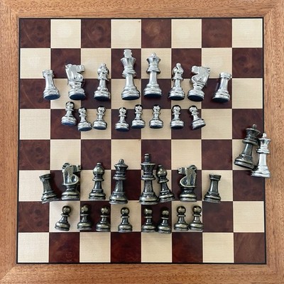 Tomokazu 15  Inlaid Wood Chess Set Metal Pieces Maple Mahogany Board + 2 Queens!
