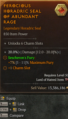 Barbarian Horadric Seal 20% Damage 7% Max Fury Diablo 4 S14