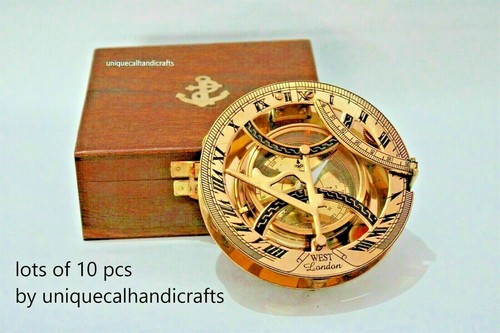 Nautical brass sundial compass 5 inch approx Lots of 10 pcs with wooden box  - Picture 1 of 10