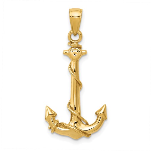 Avariah Solid 14K Yellow Gold 3D Anchor W/Rope Pendant - 32mm