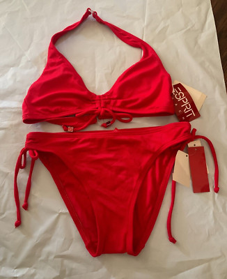 ESPRIT 2 PIECE RED HALTER SLIDE SIDE TIE BIKINI Swimwear Size XS NWT